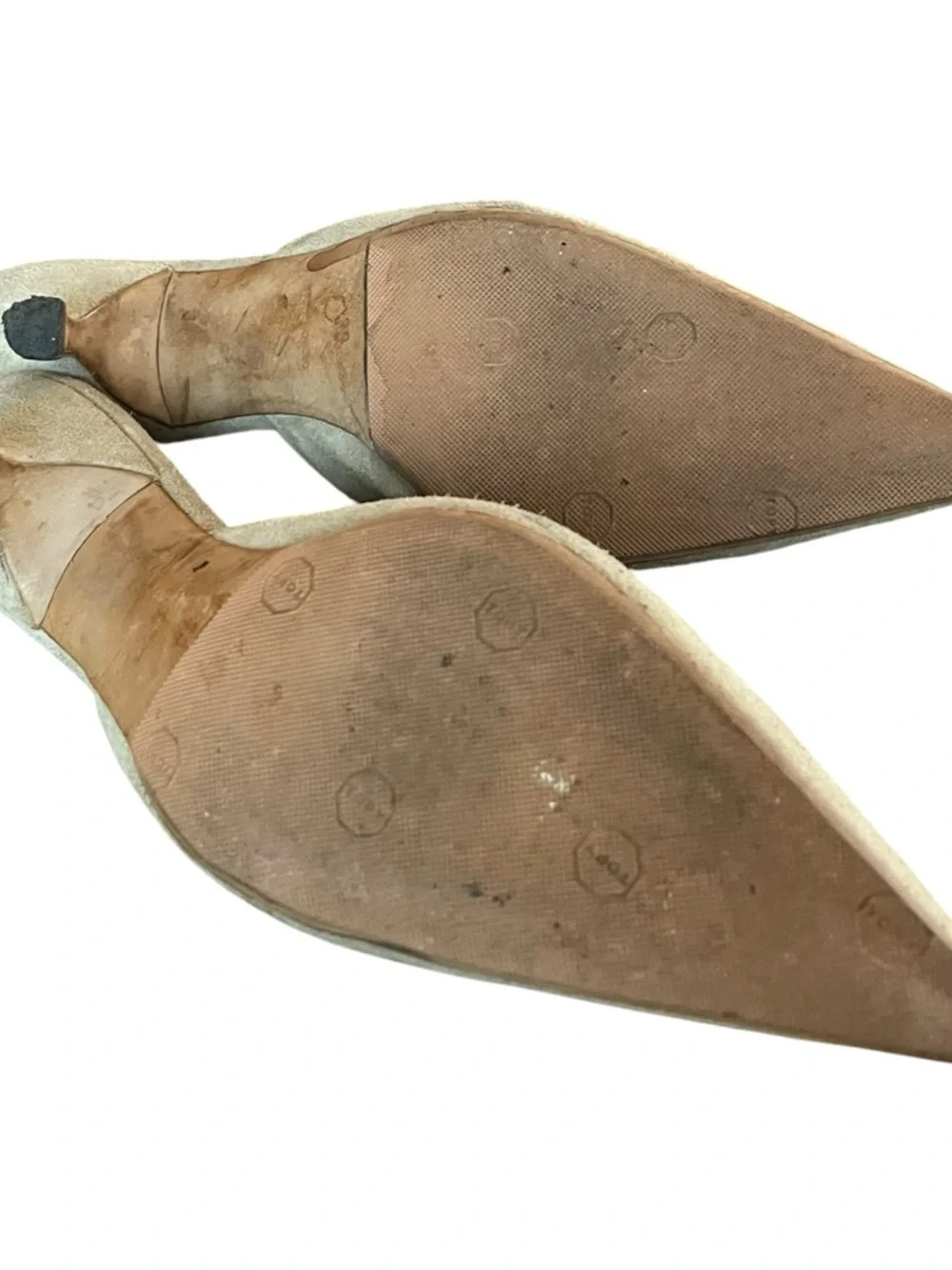 Prada Vintage Suede Mule Kitten Heels Khaki 38 (US 7.5–8) Chain Pointed Toe - Picture 4 of 6